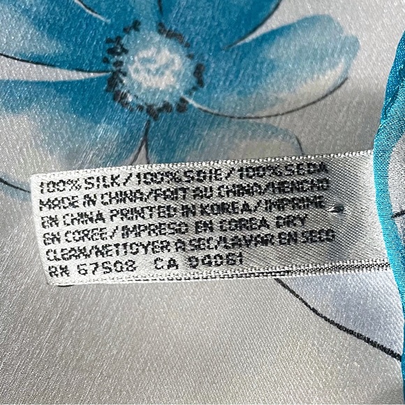 100% Silk Scarf - ELAINE GOLD for Collection XIIX - Blue White Floral 53” x 10” - Picture 13 of 13